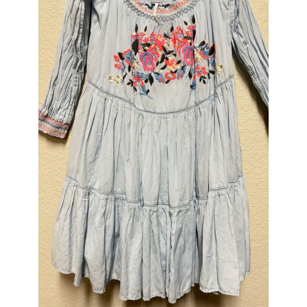 Free People Blue Woven Floral Embroidered Smocked Off Shoulder Mini Dress S